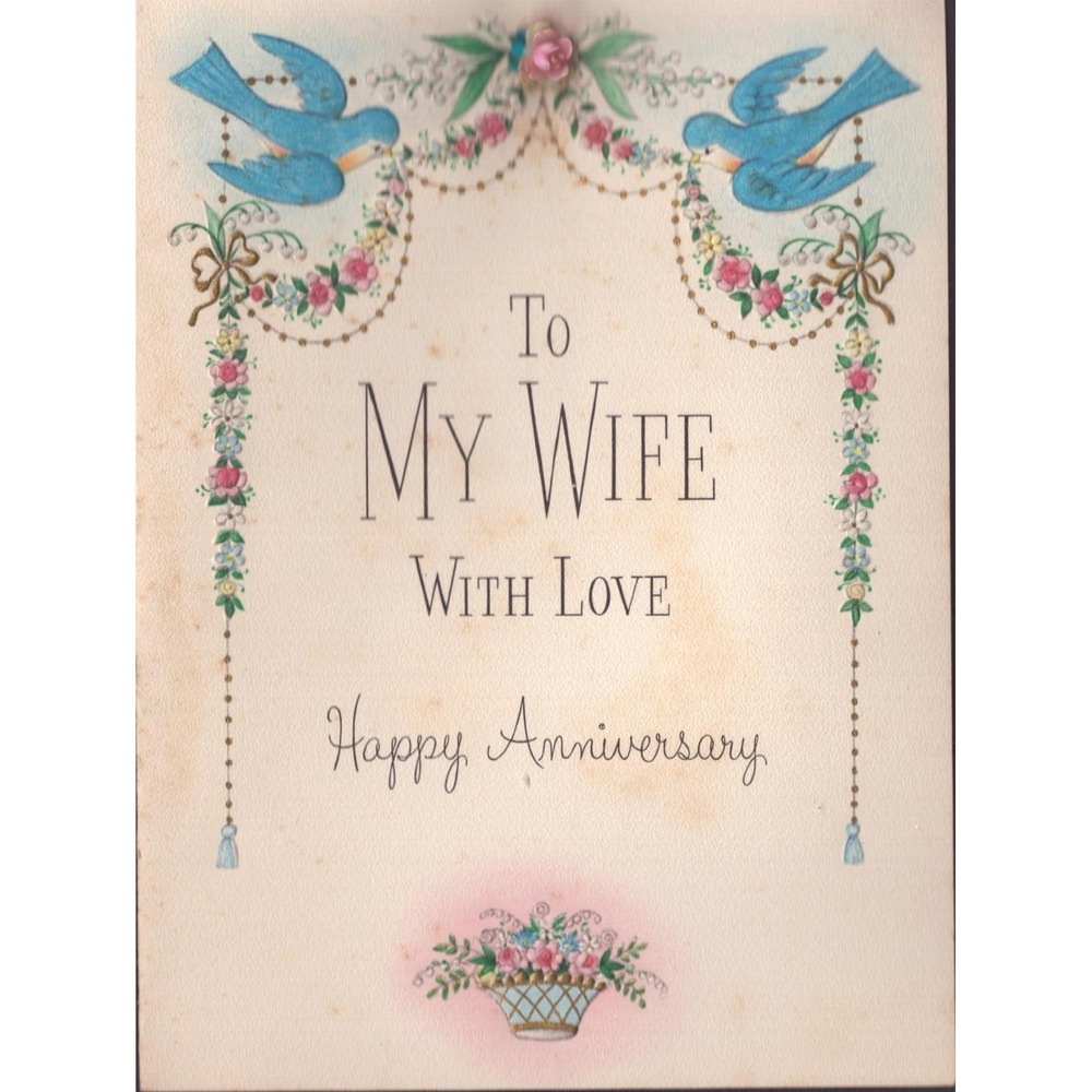 Vintage Hallmark Anniversary Card Bluebirds To My Wife 1950s Mid-Century